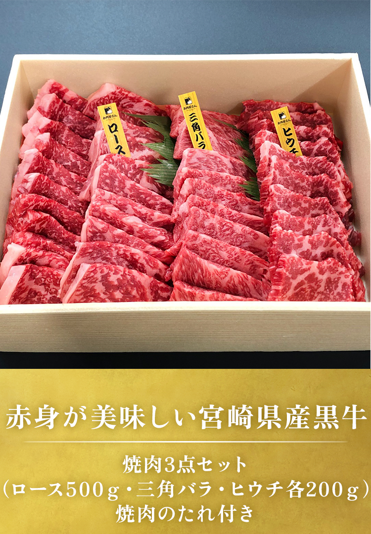 焼肉３点セット（ロース500g・三角バラ200g・ヒウチ200g）　焼肉のたれ付き
