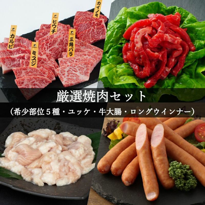 厳選焼肉セット（希少部位5種500g、ユッケ風生ハム50gｘ2、ホルモン200g、ロングウインナー6本）